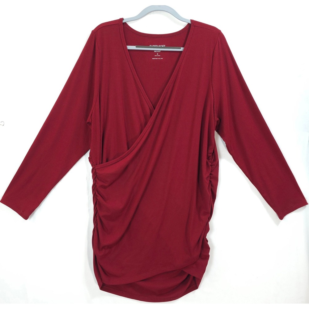 Torrid Top Super Soft Rib Knit Ruched Burgundy Women 3X Casual Chic Romantic‎